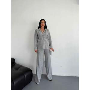Mybeefashion Women's Gray Knit Cardigan and <b>Pants</b> Two-Piece Set, Comfortable <b>Wool</b> Blend Standard Size Casual Outfit - Product Image 1