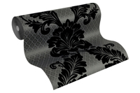 Papier peint en tissu non tissé de qualité supérieure, absorbant le son, résistant au lavage, en velours floqué damassé noir et gris, fabriqué en Allemagne, pour hôtels