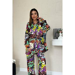 Conjunto de Camisa y Pantalones de Chifón con Estampado Digital Marrón, Estilo Casual, al por Mayor - Product Image 3