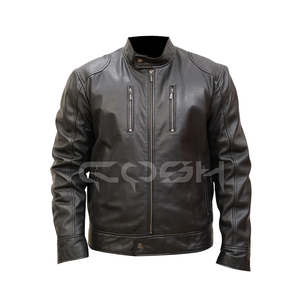 Chaqueta de Cuero Genuino para Hombre, Estilo Racer, Color Negro, con Cuello Alto y Bolsillos con Doble Cremallera, Proveedor OEM al por Mayor - Product Image 1