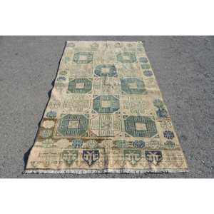 Tapis turc vintage de grande surface beige vert 3.8x6,2 pieds Tapis de chambre à motif patchwork rectangulaire en laine de style classique - Product Image 1