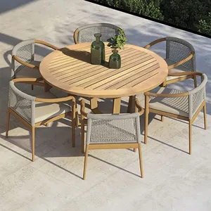 טיק עגול אוכל שולחן טבעי עץ עם 6 כיסא פטיו ריהוט-לקס