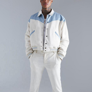 Venta al por mayor de chaqueta de béisbol con logotipo personalizado, chaqueta holgada BOXY Varsity para hombre, bloque de Color, dobladillo acanalado, abrigo abotonado, chaquetas de lana para hombre - Product Image 3