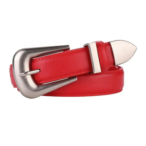 Ceinture en cuir véritable rouge avec boucle rectangulaire argentée, style décontracté, couleur unie, design durable, logo personnalisé - Product Image 1