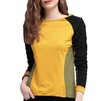 Camiseta de Algodón para Mujer, Venta al Por Mayor, Logotipo Personalizado, Bloques de Color, Manga Larga, Cuello Redondo, Proveedor OEM, Fabricante al Por Mayor