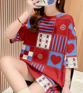 Plus Size Women's <b>Patchwork</b> Anti-Wrinkle O-Neck Pullover Short Sleeve 100% Cotton Casual Summer Knit Tee - Product Image 4