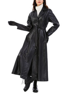 Trench-coat noir ceinturé en cuir à capuche longueur des hanches pour femmes Trench-coat en cuir de mouton de qualité supérieure - Product Image 6