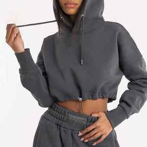 Sudaderas con capucha de punto recortadas para mujer de entrenamiento activo, ropa de calle informal, hombro caído, logotipo frontal transpirable ecológico para invierno - Product Image 1