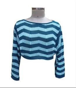 Top court en tricot tendance et décontracté à motif chevron signature, avec manches longues larges, double couleur, mini pull rayé en tricot - Product Image 3