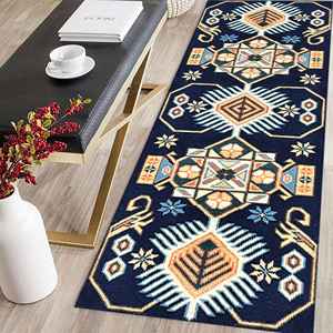 Navy Printed Rug with Vintage Turkish Design and Geometric Pattern,Velvet Rug - Product Image 4