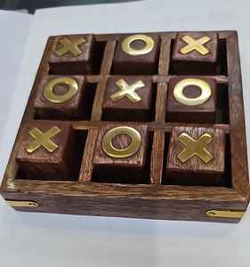 Ensemble Tic Tac Toe en bois massif (ou jeu X et O)-Bureau en incrustation métallique artisanale/jeu de table en gros jeu Tic Tac Toe en bois - Product Image 5