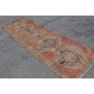 Turkish Rug 3.3x11.1 ft, Red <b>Brown</b> Striped <b>Wool</b> Vintage Rug - Product Image 2