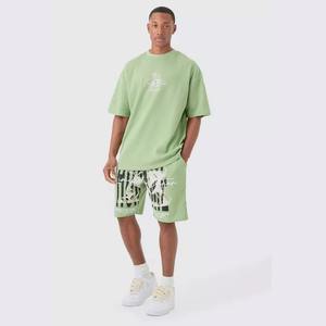 Conjunto personalizable de tejido de punto para hombre, ropa de calle de verano personalizada, lavado ácido, camiseta y pantalones cortos - Product Image 1