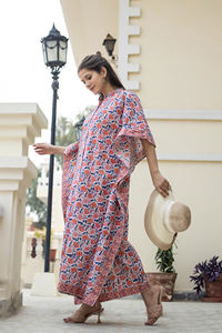 Eco-friendly Floral Kaftan <b>Comfortable</b> Cotton Hand Block Printed Elegant Floral Print Broder Detailing Midi Beach Wear Kaftan - Product Image 2
