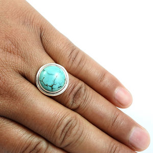 Bague en pierre ronde Turquoise naturelle Pierre précieuse en argent sterling 925 Bijoux en pierre de naissance faits à la main Fournisseurs de prix d'usine en gros - Product Image 2