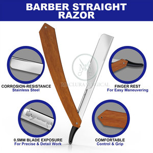 Maquinilla de afeitar recta de peluquero de acero inoxidable de calidad superior con soporte de hoja reemplazable mango de madera borde afilado para recortar barba - Product Image 3
