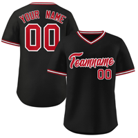 Jersey Baseball V-Neck Hitam Merah Kustom Seragam Tim Bahan Polyester Penyerap Keringat Jersey Olahraga Atletik Produsen OEM ODM
