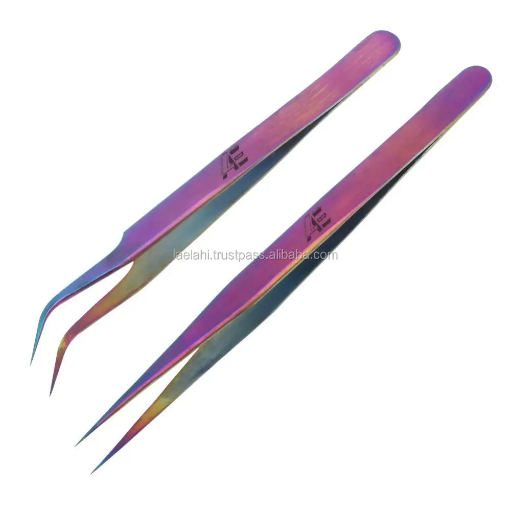 Top Selling Rainbow Eyelash Extension Tweezers Set Stainless Steel Straight Curved Tips for Nail Art 2024