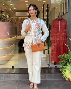 Embroidery Summer Cotton A-line work Kurti pant set Short Co ord set India wholesale manufacturer <b>kurtis</b> for women in India - Product Image 3
