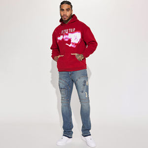 Moda polar impresión letras bordado con bolsillos peso pesado polar Sudadera con capucha manga larga cordón - Product Image 2