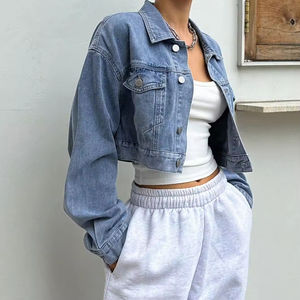 Chaqueta vaquera recortada personalizada para mujer, diseño informal con botones azules, ropa de abrigo femenina a la moda, ropa de mujer OEM - Product Image 5