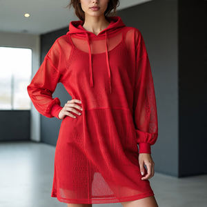 เสื้อฮู้ดตาข่ายโพลีเอสเตอร์แบบสวมหัวของผู้หญิงเสื้อฮู้ดตาข่ายผ้าโพลีเอสเตอร์แขนยาว - Product Image 2