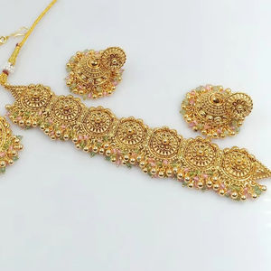 JOYERÍA DE COBRE TRADICIONAL Y DE MODA INDIA CONJUNTO DE JOYERÍA DE BODA NOVIA PARA MUJER CONJUNTO DE PENDIENTES Y COLLAR - Product Image 1