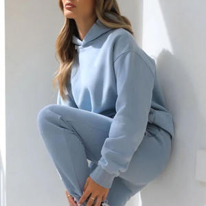 Sudadera Holgada Azul Claro para Mujer, de Algodón y Felpa, Estilo Urbano, para Venta al por Mayor con Marca Personalizada - Product Image 2