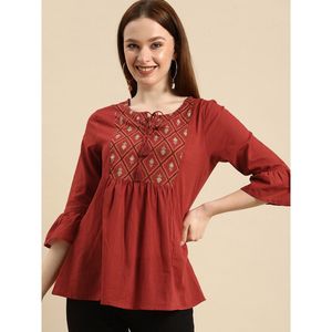 Women's Tie-Up Neck <b>Top</b> with for <b>Rust</b> Embroidery Casual Leisure <b>Tops</b> - Product Image 2