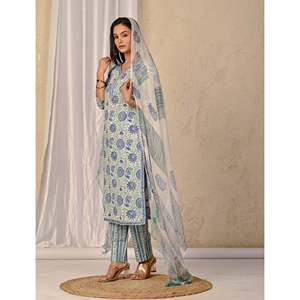White Jaal <b>Block</b> <b>Printed</b> Cotton Anarkali Suit Elegant Ethnic Salwar Pant Set for Parties Special Occasions Latest Designs Net - Product Image 6