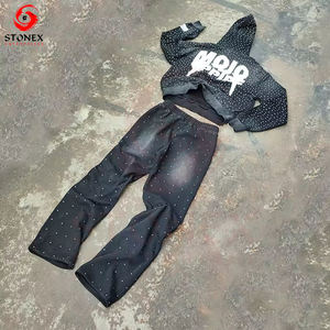 Sweat à capuche zippé avec logo et strass personnalisé OEM Vêtements de jogging pour hommes Ensemble de sweat-shirt 2 pièces Pantalon de survêtement et sweat à capuche Ensemble de survêtements pour hommes - Product Image 2