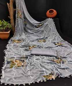 Pesado trabajo de perlas bordadas Damas Indias listas para usar nuevo diseñador sari con fabricación de blusas en ropa de saris Surat - Product Image 5