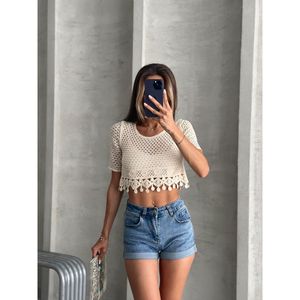 Blusa de encaje con borlas y dobladillo sin rematar 100% algodón color crudo natural para mujer Topshow, ajuste estándar al por mayor - Product Image 3