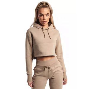 <b>Womens</b> Tan Cropped Hoodie And Matching <b>Joggers</b> Set Premium Heavyweight <b>Fleece</b> Pullover Trackstar OEM Private Label - Product Image 3