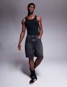 Short en jean à jambe droite pour hommes, délavé vintage, avec double genoux, strass 100% coton, motif uni écologique - Product Image 6