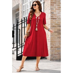 Women's Short-Sleeved V-Neck Midi <b>Viscose</b> <b>Dress</b> with Pocket Detail, 34748 - Red - Product Image 2
