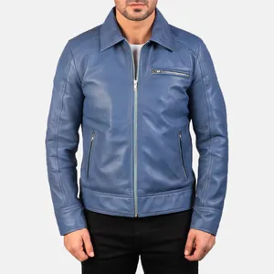 Real Leather Sheepskin Aniline Zipper Lavendard Blue Men Biker Jacket with Quilted Viscose Lining and Inside Outside Pockets