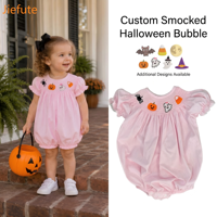 Jiefute Smocked Halloween Bubble Romper OEM/ODM Private Label Pumpkin Bat Baby Girls Puff Sleeves Eco-Friendly Boutique Wear