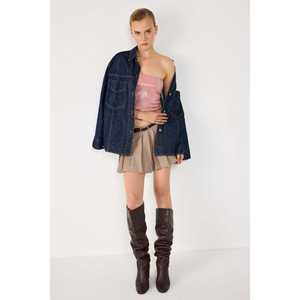 Casual <b>Pink</b> Shimmer Fabric Strapless <b>Crop</b> <b>Top</b> with Front Logo Short Length - Product Image 3