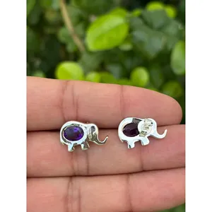 14K Gold Elephant <b>Amethyst</b> <b>Stud</b> <b>Earrings</b> Trendy Cute 925 Silver Bezel Set with Pear Cut Diamond Gold Plated Rose Gold Jewelry - Product Image 2