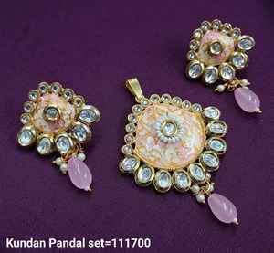 Indian Traditional & Fashionable <b>Gold</b> Plated Flower Stylish Drop & Kundan Copper Pendant Necklace Set for Women Without Chain - Product Image 1