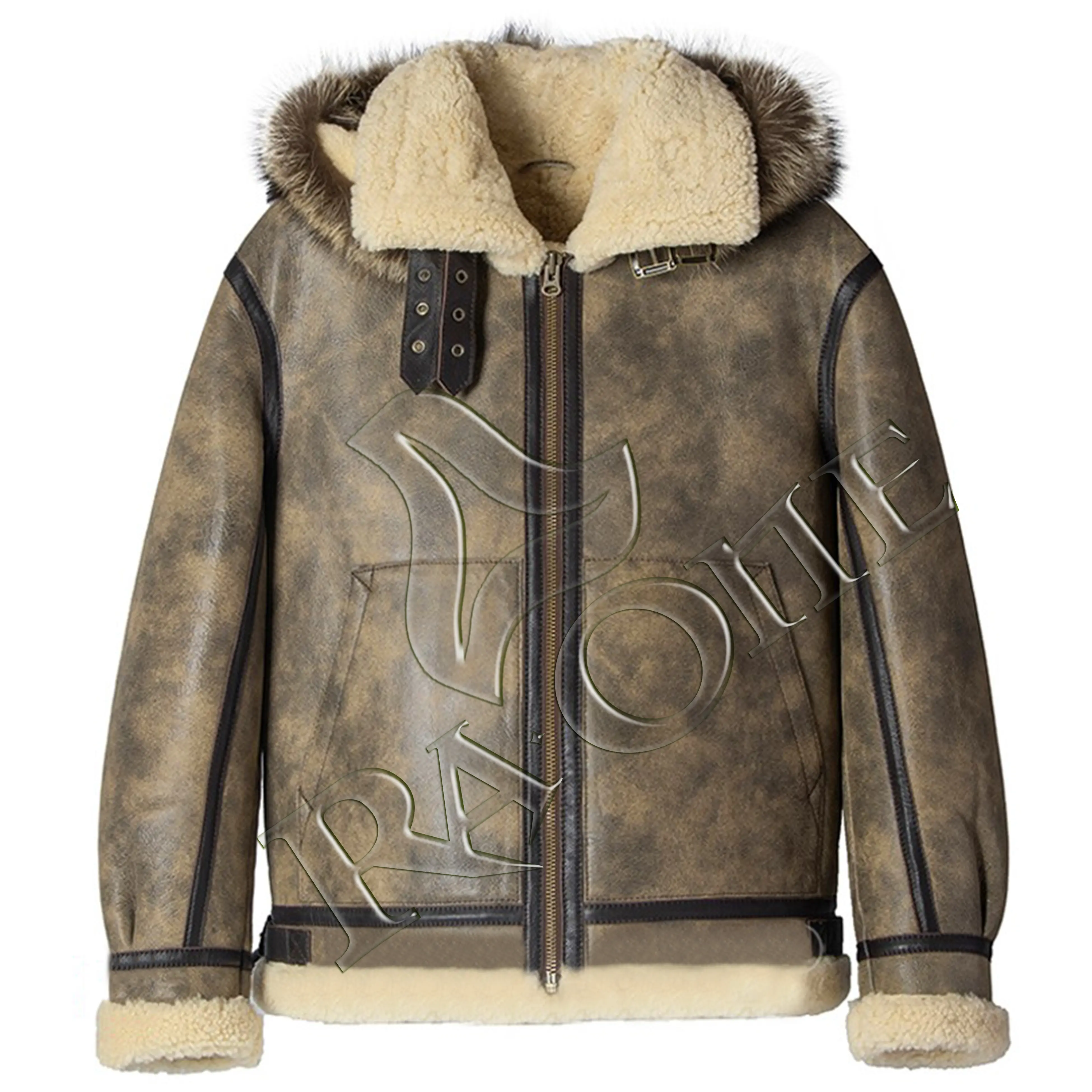 2023 Hot Selling Men's B3 Flight Aviator Jacket Sheepskin Winter Coat Fur Bomber Leather Jacket with shearling hood