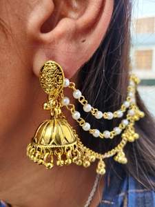 German <b>Silver</b> Gold Tone Jhumki Earring With Detachable Earchain Affordable <b>Jhumkas</b> Unique Design Ideal For Weddings, Festivals - Product Image 6