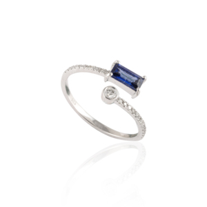 Produits les plus vendus Bague ouverte en saphir bleu véritable et diamant Bague avec pierres précieuses en or blanc pur K14 Bijoux de mode - Product Image 1