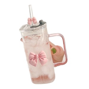Double <b>Bow</b> Square Glass Water Cup-High-Value Heat-Resistant Office Tea Cup with Straw and Handle - Product Image 5