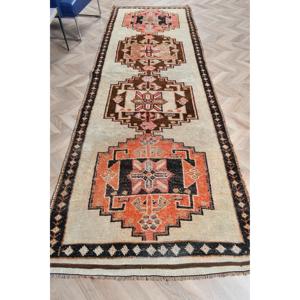 3.8x11.2 ft Vintage Runner Rug Turkish <b>Brown</b> Patchwork <b>Wool</b> Rug with Eco-Friendly Latex Backing - Product Image 1