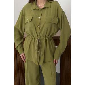 Olive Button Detailed Shirt And Ribbed <b>Trousers</b> Set - Olive - Product Image 4