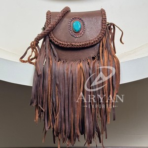 Nouveau haute qualité 2025 tendance Turquoise pierre en cuir véritable frange sac à bandoulière Western bohème peau de vache sacs à main pour femmes - Product Image 1