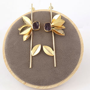 Pendientes Largos de Diseño con Hoja de Amatista Natural sin Cortar, con Varilla de Latón, Chapados en Oro de 18k, para Mujer - Product Image 6