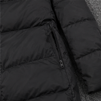 Veste d'hiver décontractée pour homme, longue, à capuche, style bomber, rembourrée en duvet, coupe-vent, avec logo sur le devant, noire, en polyester, fermeture éclair